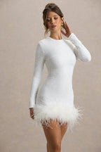 White Sequin High Neck Feather Hem Mini Dress With Long Sleeves