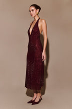 Diamante Halter Midi Dress - Mahogany