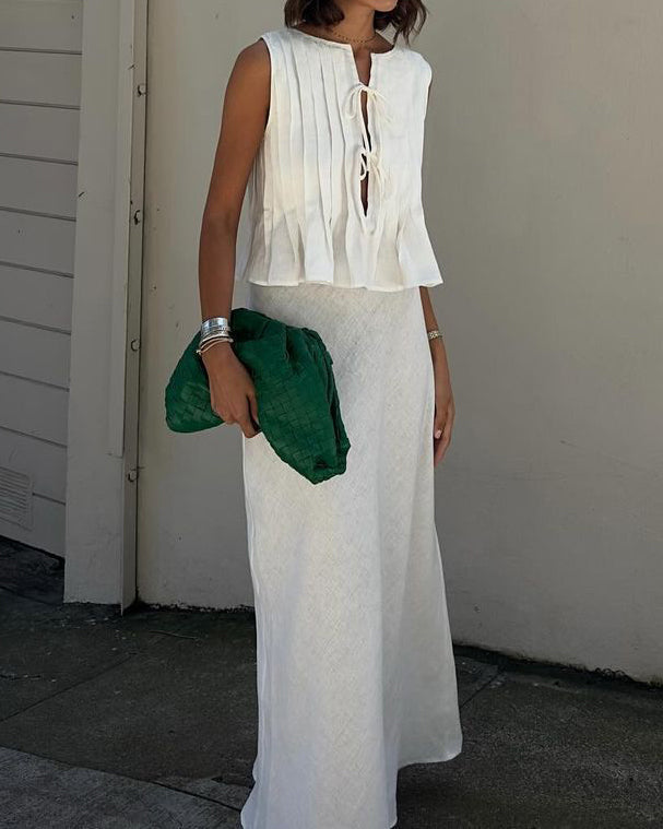 Cotton and Linen Sleeveless Tie-Strap Shirt Long Dress Set