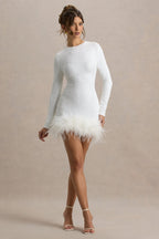 White Sequin High Neck Feather Hem Mini Dress With Long Sleeves