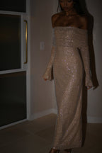 Off Shoulder Diamante Maxi Dress - Nude