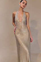 Diamante Halter Midi Dress - Nude