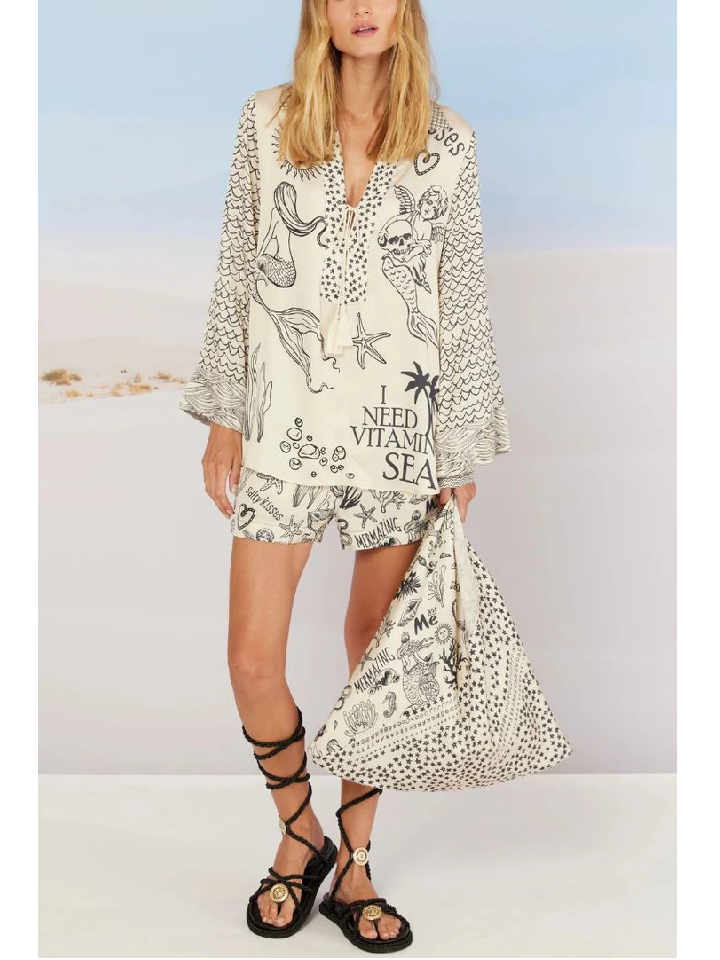 Satin Unique Print Tassle Shirt and Elastic Waist Shorts Set