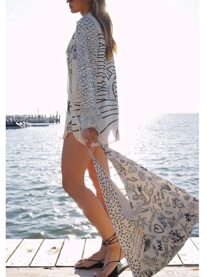 Satin Unique Print Tassle Shirt and Elastic Waist Shorts Set