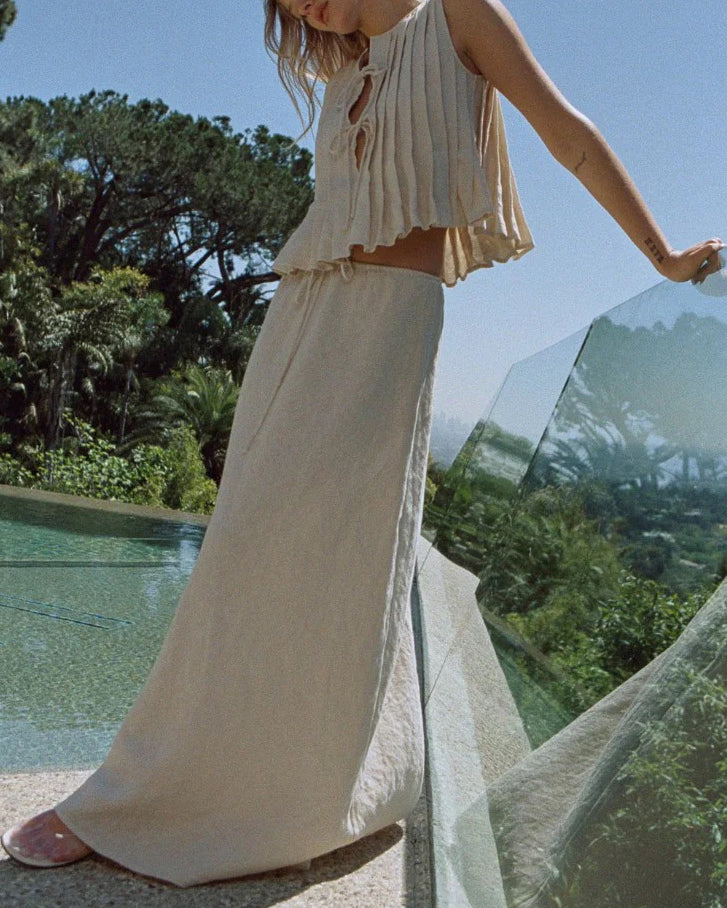 Cotton and Linen Sleeveless Tie-Strap Shirt Long Dress Set