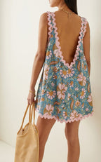 Flower Trim Print Mini Dress