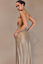 Diamante Halter Midi Dress - Nude