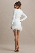 White Sequin High Neck Feather Hem Mini Dress With Long Sleeves