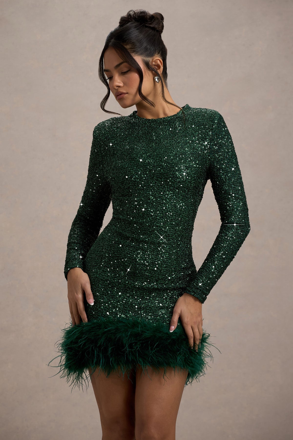Bottle Green Sequin High Neck Feather Hem Mini Dress With Long Sleeves