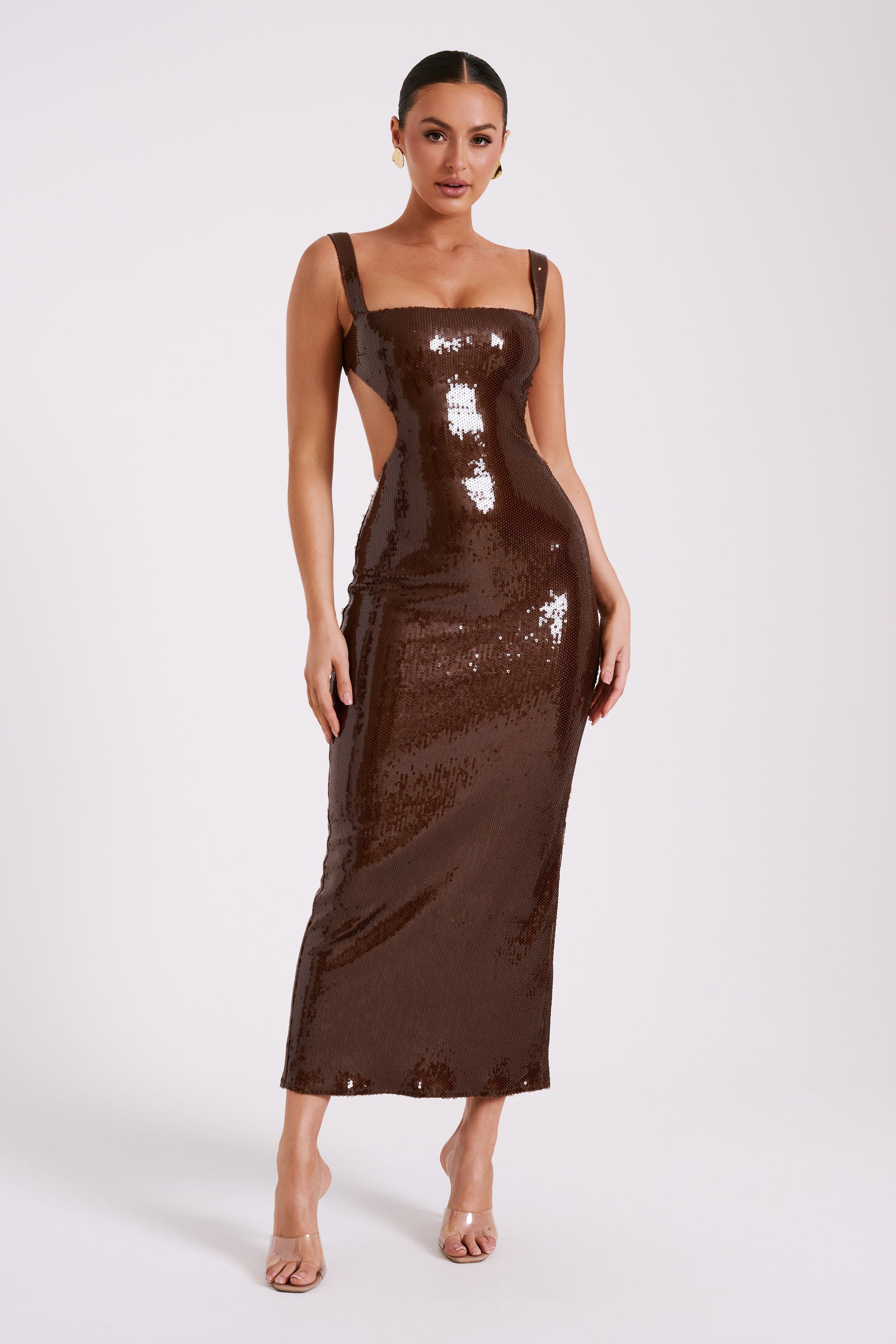 Sequin Cut Out Maxi Dress - Chocolate