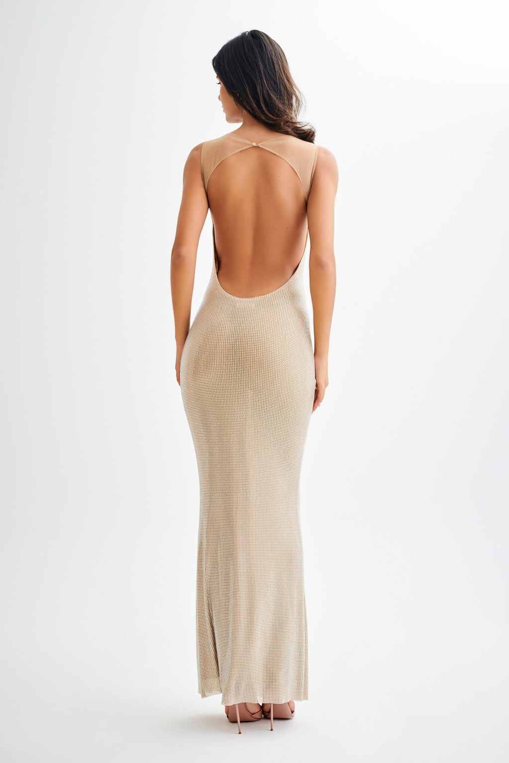 Hot Fix Maxi Dress With Mesh Back - Nude