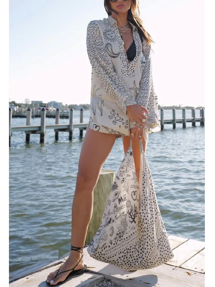 Satin Unique Print Tassle Shirt and Elastic Waist Shorts Set