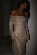 Off Shoulder Diamante Maxi Dress - Nude