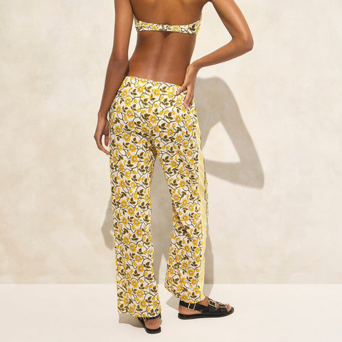 Cotton voile beach pant in daffodil daze block print