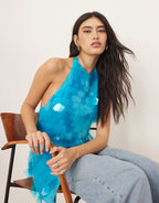 Embellished Shard Sequin Longline Halter Neck Top in Blue