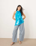 Embellished Shard Sequin Longline Halter Neck Top in Blue