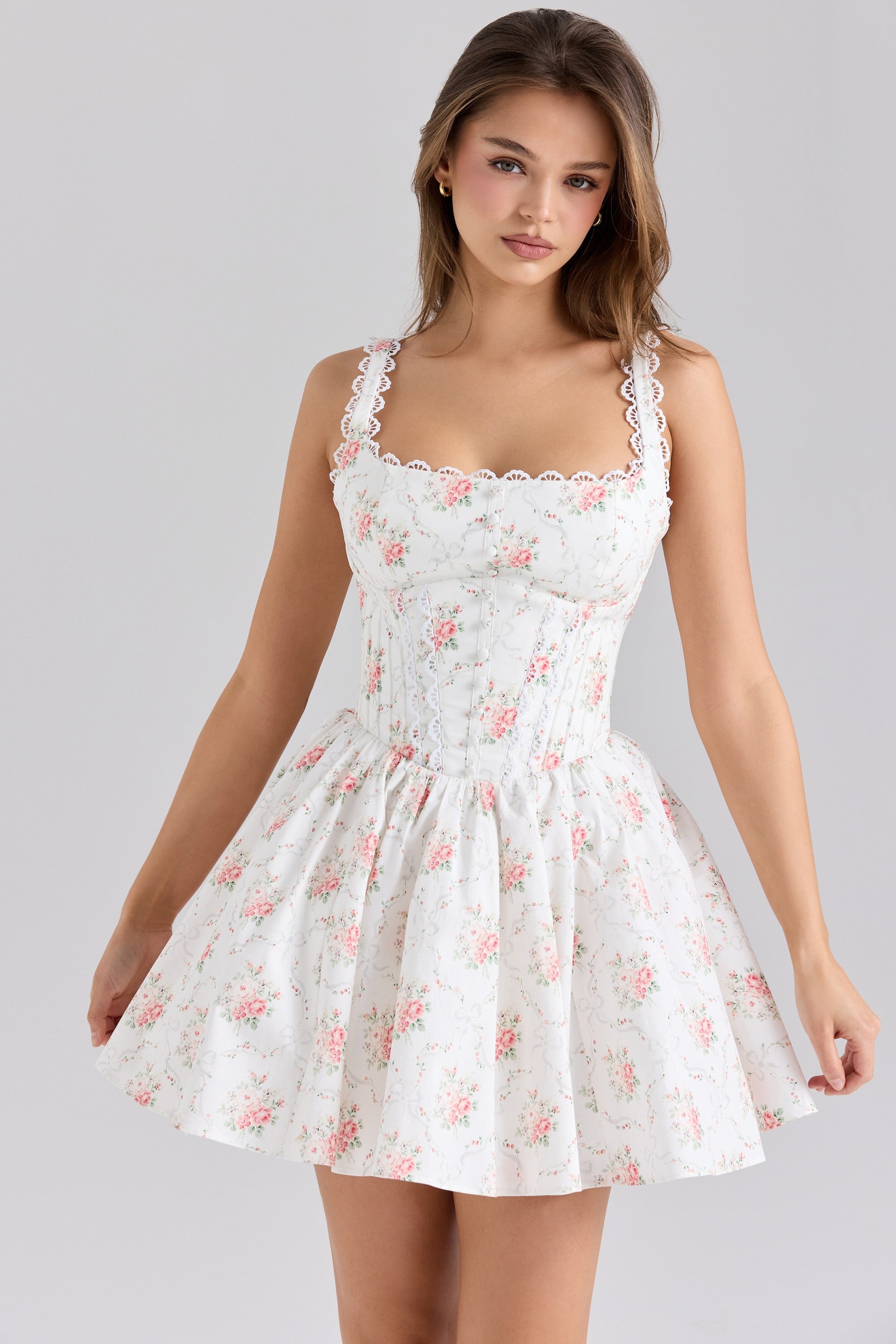 Rose Print Stretch Cotton Mini Dress