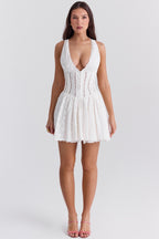 White Cotton Broderie Anglais Plunge Mini Dress