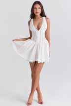 White Cotton Broderie Anglais Plunge Mini Dress