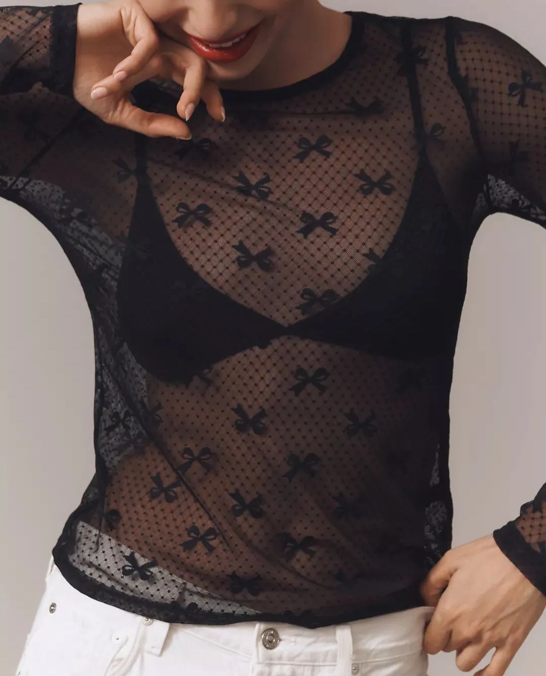 Long-Sleeve Bow Lace Top