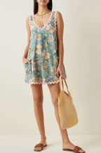 Flower Trim Print Mini Dress