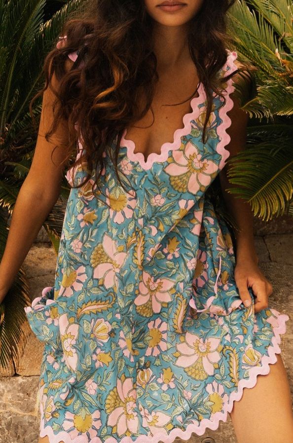 Flower Trim Print Mini Dress