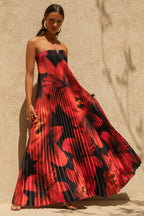 Black And Red Floral Print Satin Sweetheart Maxi Dress