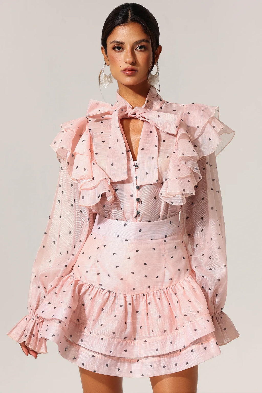 Ruffled Dot Printed Bowknot Top And Skirt Two-Piece Set