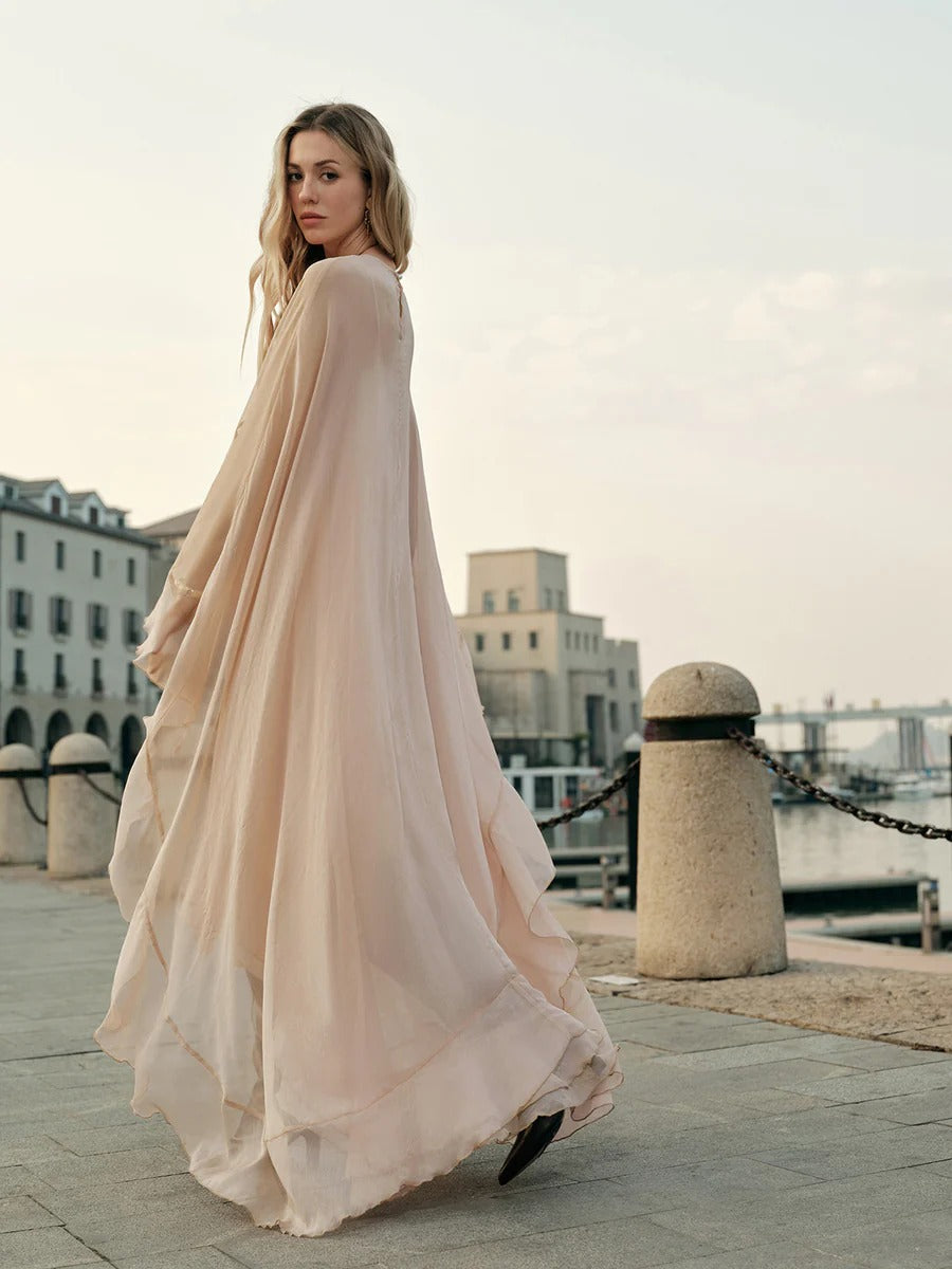 Semi-Sheer Chiffon Layered Dress With Cloak
