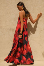 Black And Red Floral Print Satin Sweetheart Maxi Dress