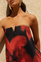 Black And Red Floral Print Satin Sweetheart Maxi Dress