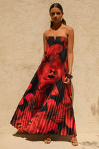 Black And Red Floral Print Satin Sweetheart Maxi Dress