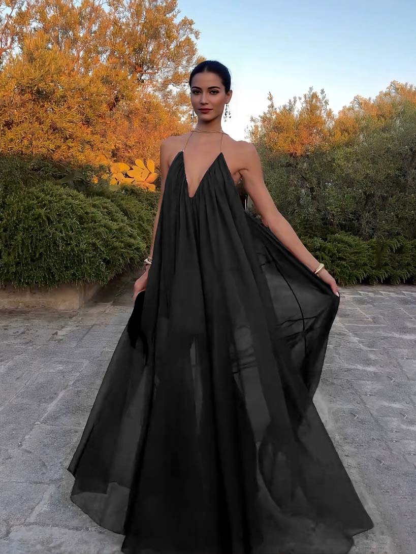 Elegant V-neck Chiffon Flowy Maxi Dress